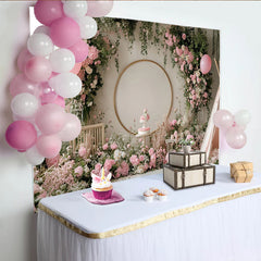 Lofaris Pink Floral Birthday Backdrop with Golden Arch and Balloons, Elegant Photo Background for Cake Smash Party Decor