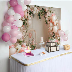 Lofaris Elegant Pink Floral Birthday Backdrop with White Balloons and Arch, Beautiful Party Decor for Cake Smash Photoshoot