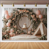 Lofaris Pink Floral Baby Shower Backdrop with Golden Arch and Balloons, Charming Photography Background for Baby Girl Party Decor