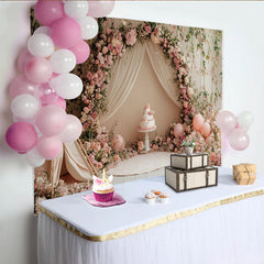 Lofaris Pink Floral Birthday Backdrop with Teepee and Balloons, Elegant Cake Smash Photography Background for Girls Party