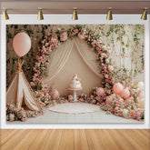 Lofaris Pink Floral Birthday Backdrop with Teepee and Balloons, Elegant Cake Smash Photography Background for Girls Party