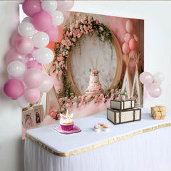 Lofaris Pink Floral Birthday Backdrop with Balloons and Teepees, Elegant Party Decor for Cake Smash Photoshoot