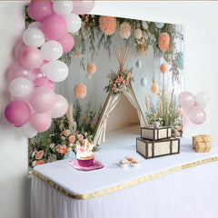 Lofaris Boho Floral Baby Shower Backdrop with Teepee and Peach Blue Decor, Elegant Photography Background for Newborn Party