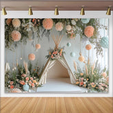 Lofaris Boho Floral Baby Shower Backdrop with Teepee and Peach Blue Decor, Elegant Photography Background for Newborn Party