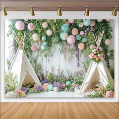 Lofaris Whimsical Floral Photography Backdrop with Teepee Tents and Pastel Flowers, Studio Background for Baby Shower or Birthday Party Decor