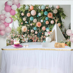 Lofaris Whimsical Floral Greenery Photography Backdrop with Pastel Lanterns, Elegant Studio Background for Baby and Child Photoshoot