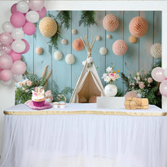 Lofaris Boho Baby Shower Backdrop with Teepee Tent and Pastel Honeycomb Decor, Woodland Photography Background for Newborn Photoshoot
