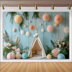 Lofaris Boho Baby Shower Backdrop with Teepee Tent and Pastel Honeycomb Decor, Woodland Photography Background for Newborn Photoshoot