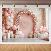 Lofaris Pink and White Balloons Valentines Day Photography Backdrop, Elegant Heart Arch Background for Romantic Portraits and Party Decor