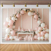 Lofaris Elegant Pink Gold Balloon Birthday Backdrop with Gifts, Beautiful Party Decor for Photoshoot and Celebration