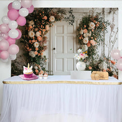 Lofaris Elegant Peach and Cream Floral Door Photography Backdrop, Rustic White Brick Wall Background for Wedding Photoshoot