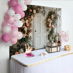 Lofaris Elegant Peach and Cream Floral Door Photography Backdrop, Rustic White Brick Wall Background for Wedding Photoshoot