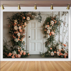 Lofaris Elegant Peach and Cream Floral Door Photography Backdrop, Rustic White Brick Wall Background for Wedding Photoshoot