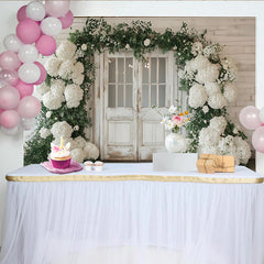 Lofaris Rustic White Door Wedding Backdrop with Hydrangeas and Greenery, Elegant Floral Photography Background for Bridal Shower Decor