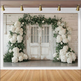 Lofaris Rustic White Door Wedding Backdrop with Hydrangeas and Greenery, Elegant Floral Photography Background for Bridal Shower Decor