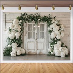 Lofaris Rustic White Door Wedding Backdrop with Hydrangeas and Greenery, Elegant Floral Photography Background for Bridal Shower Decor