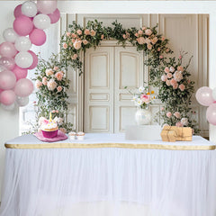 Lofaris Elegant White Door Floral Photography Backdrop with Pink Roses, Romantic Greenery Background for Wedding or Studio Photoshoot