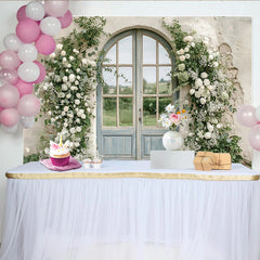 Lofaris Elegant White Rose Wedding Backdrop with Arched Door and Greenery, Rustic Stone Wall Photography Background for Romantic Event Decor