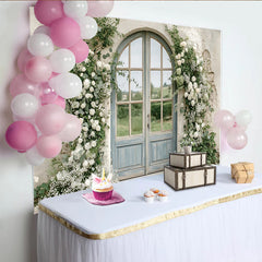 Lofaris Elegant White Rose Wedding Backdrop with Arched Door and Greenery, Rustic Stone Wall Photography Background for Romantic Event Decor