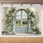 Lofaris Elegant White Rose Wedding Backdrop with Arched Door and Greenery, Rustic Stone Wall Photography Background for Romantic Event Decor