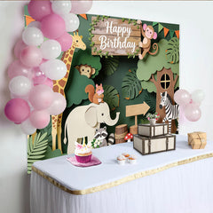 Lofaris Paper Cut Jungle Animal Happy Birthday Backdrop with Giraffe and Monkey, Safari Theme Background for Kids Party Decor