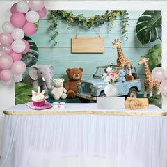 Lofaris Cute Safari Baby Shower Backdrop with Plush Animals and Blue Jeep, Jungle Theme Photography Background for Newborn Party