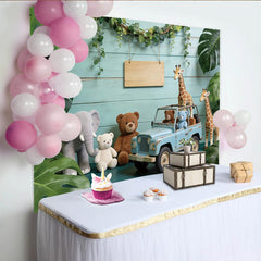 Lofaris Cute Safari Baby Shower Backdrop with Plush Animals and Blue Jeep, Jungle Theme Photography Background for Newborn Party