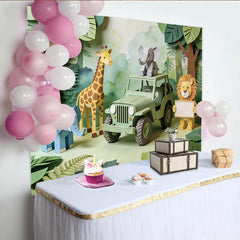 Lofaris Cute Papercraft Safari Baby Shower Backdrop with Jungle Animals, Green Jeep Photography Background for Kids Party Decor