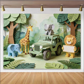 Lofaris Cute Papercraft Safari Baby Shower Backdrop with Jungle Animals, Green Jeep Photography Background for Kids Party Decor