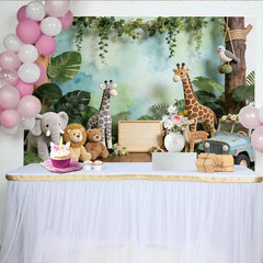 Lofaris Jungle Safari Baby Shower Backdrop with Cute Animals and Green Leaves, Watercolor Sky Background for Baby Photography and Party Decor