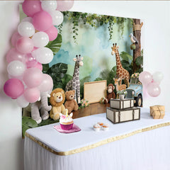 Lofaris Jungle Safari Baby Shower Backdrop with Cute Animals and Green Leaves, Watercolor Sky Background for Baby Photography and Party Decor