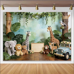 Lofaris Jungle Safari Baby Shower Backdrop with Cute Animals and Green Leaves, Watercolor Sky Background for Baby Photography and Party Decor