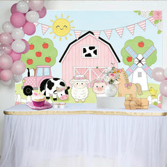 Lofaris Cute Farm Animal Birthday Backdrop with Pink Barn and Tractor, Whimsical Party Decor for Kids Photoshoot.