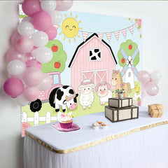 Lofaris Cute Farm Animal Birthday Backdrop with Pink Barn and Tractor, Whimsical Party Decor for Kids Photoshoot.