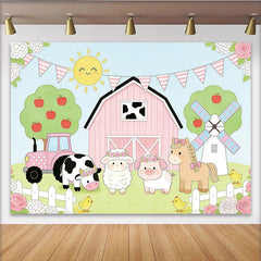 Lofaris Cute Farm Animal Birthday Backdrop with Pink Barn and Tractor, Whimsical Party Decor for Kids Photoshoot.