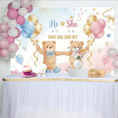 Lofaris He or She Teddy Bear Baby Shower Backdrop, Blue and Pink Balloons Party Background for Gender Reveal Photoshoot.
