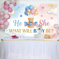 Lofaris Blue and Pink Gender Reveal Baby Shower Backdrop with Teddy Bear and Balloons, Gold Glitter Party Decor for Photoshoot