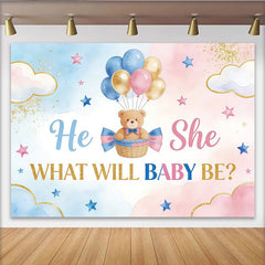 Lofaris Blue and Pink Gender Reveal Baby Shower Backdrop with Teddy Bear and Balloons, Gold Glitter Party Decor for Photoshoot