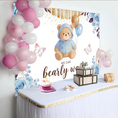 Lofaris Blue Teddy Bear Baby Shower Backdrop with Balloons Bearly Wait, Elegant Floral Background for Newborn Party Decor