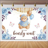 Lofaris Blue Teddy Bear Baby Shower Backdrop with Balloons Bearly Wait, Elegant Floral Background for Newborn Party Decor