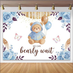Lofaris Blue Teddy Bear Baby Shower Backdrop with Balloons Bearly Wait, Elegant Floral Background for Newborn Party Decor