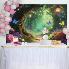 Lofaris Magical Enchanted Forest Backdrop with Butterflies and Glowing Lanterns, Dreamy Floral Photography Background for Fairy Tale Photoshoot