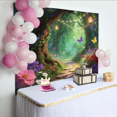 Lofaris Magical Enchanted Forest Backdrop with Butterflies and Glowing Lanterns, Dreamy Floral Photography Background for Fairy Tale Photoshoot