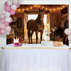 Lofaris Rustic Wooden Barn Photography Backdrop with Horse and String Lights, Cowboy Theme Background for Studio Portraits