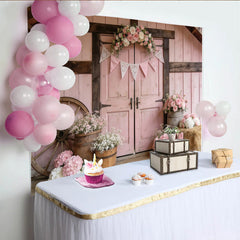 Lofaris Pink Rustic Floral Photography Backdrop with Barn Door and Wagon Wheel, Elegant Studio Background for Portrait Photoshoot