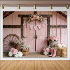 Lofaris Pink Rustic Floral Photography Backdrop with Barn Door and Wagon Wheel, Elegant Studio Background for Portrait Photoshoot