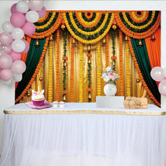 Lofaris Vibrant Marigold Wedding Backdrop with Golden Bells and Green Garlands, Elegant Festive Event Decor for Photography and Celebrations.