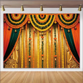 Lofaris Vibrant Marigold Wedding Backdrop with Golden Bells and Green Garlands, Elegant Festive Event Decor for Photography and Celebrations.