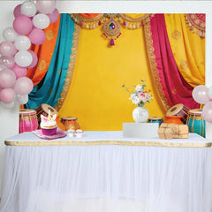 Lofaris Vibrant Indian Festival Backdrop with Colorful Drapes, Traditional Instruments and Elegant Photo Background for Cultural Celebrations.