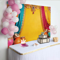 Lofaris Vibrant Indian Festival Backdrop with Colorful Drapes, Traditional Instruments and Elegant Photo Background for Cultural Celebrations.
